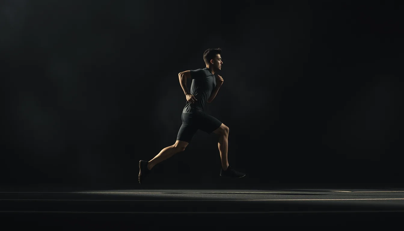 Sprinter in full stride seen from the side, lit by hard backlight against a dark, smoky background.