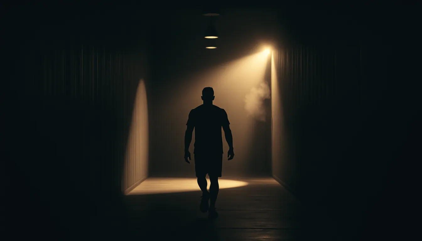 Athlete walking away from the camera down a dark corridor lit by a single light source.